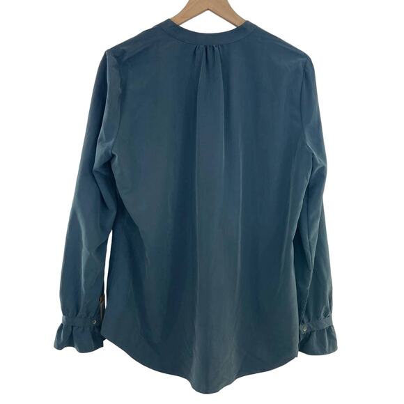 NEW Cremieux Blue Velvet Button Down Blouse Large Long-sleeved Ruffle Cuff - Picture 4 of 9